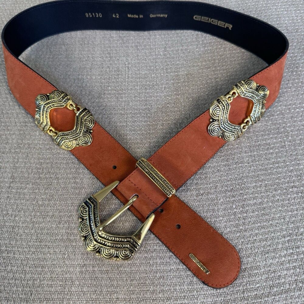 Vintage Leather Suede Geiger Belt Gold Buckle Boho Statement Size 42 Western 540